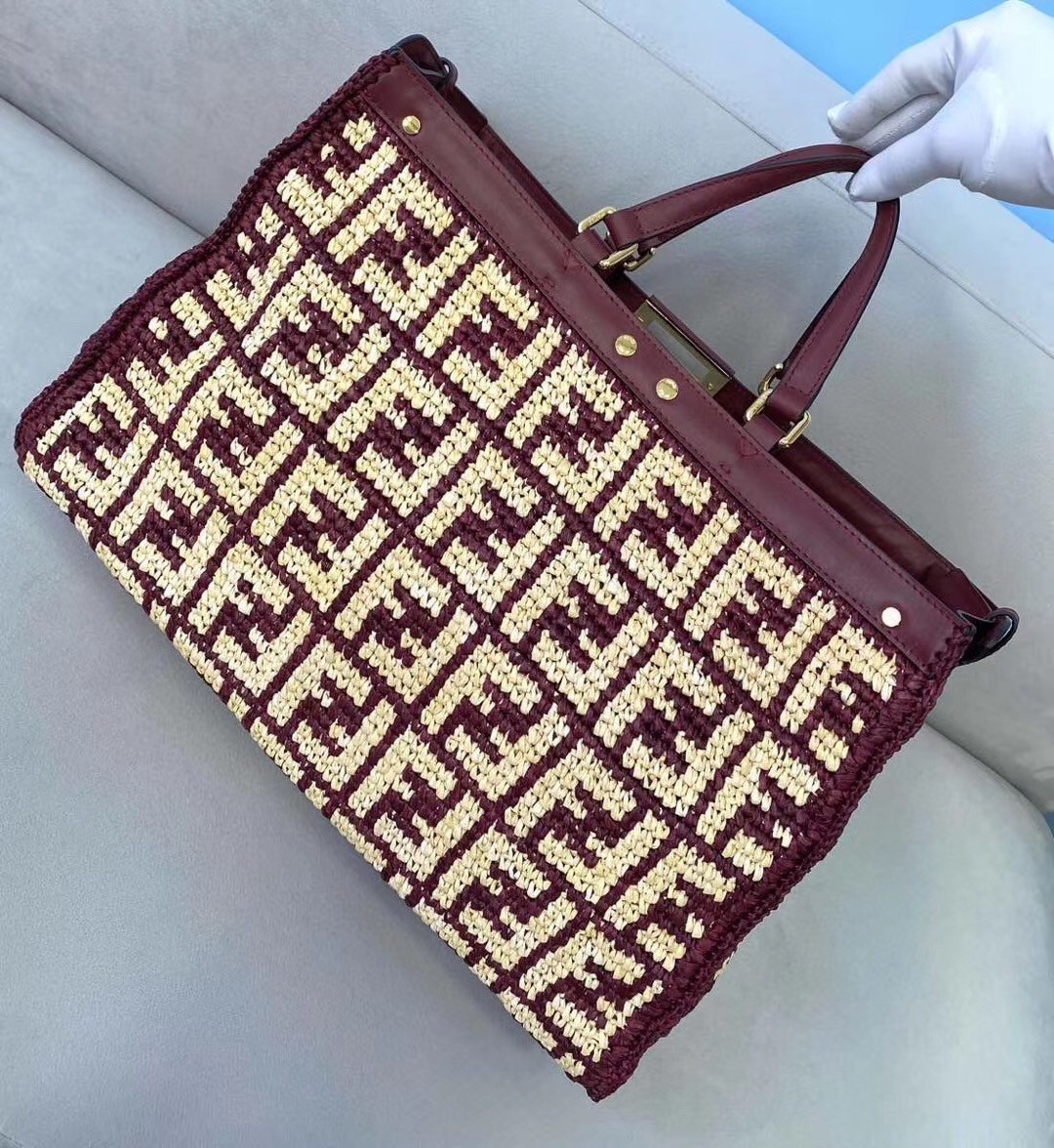 Fendi Peekaboo X-Tote Shopper In Burgundy FF Raffia 340