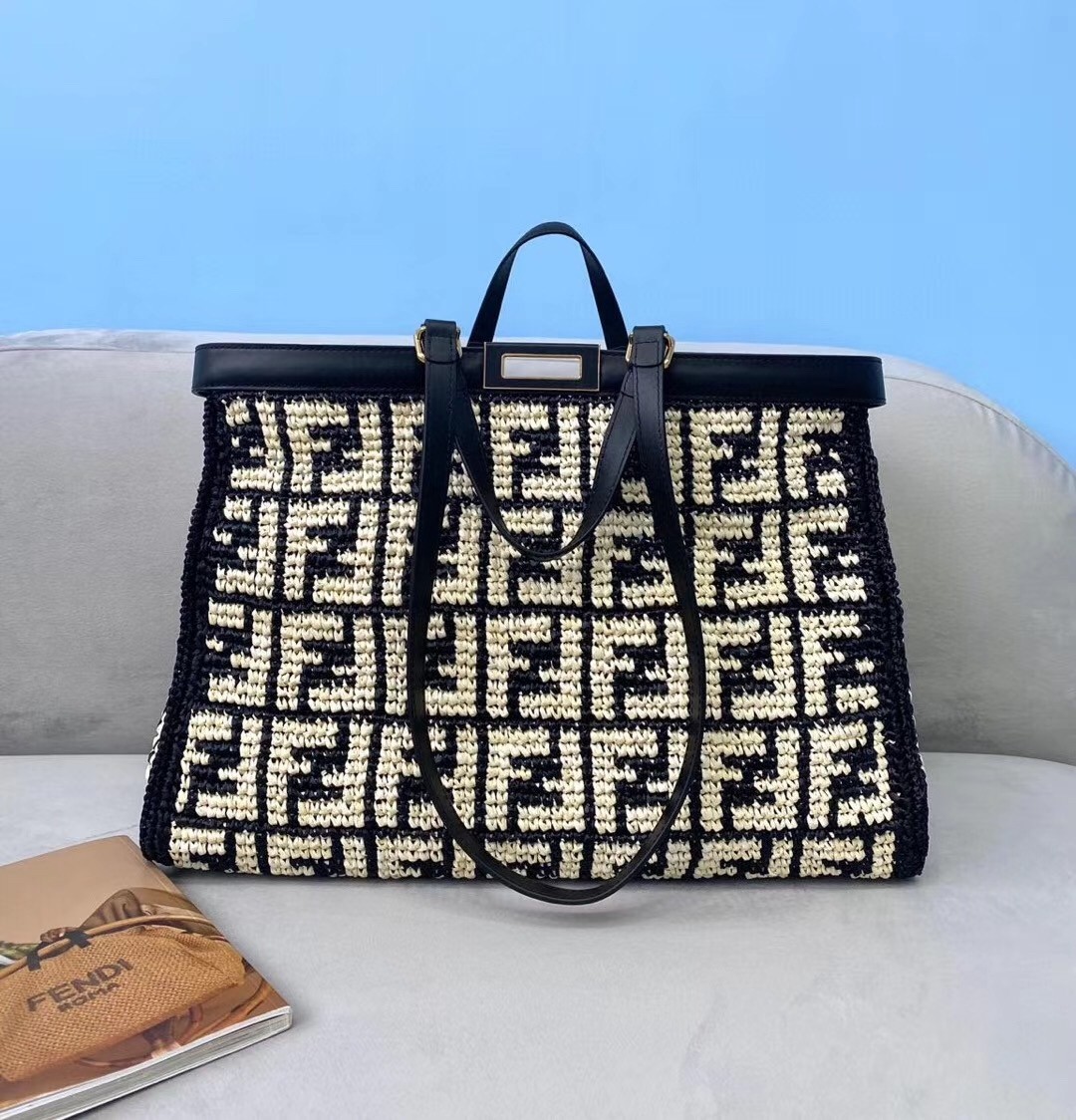 Fendi Peekaboo X-Tote Shopper In Black FF Raffia 377